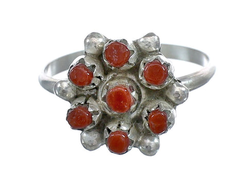 Native American Zuni Genuine Sterling Silver Coral Ring Size 7-1/4 JX122450